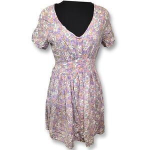 Hesperus Pink and Purple Floral Short Sleeve V-Neck Mini Sundress